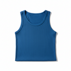 Woman wearing a blue tank top on a white background