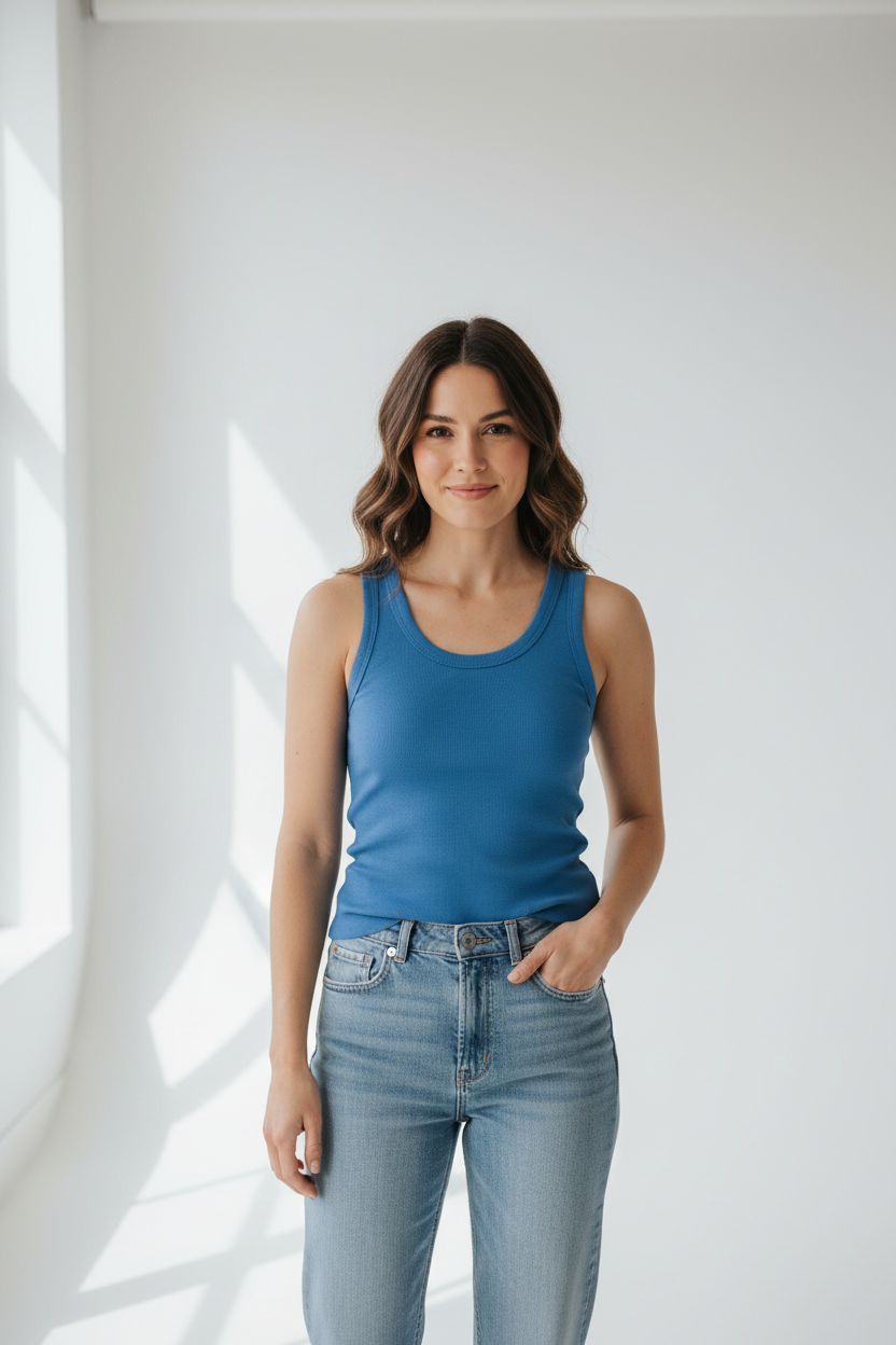 Woman wearing a blue tank top on a white background